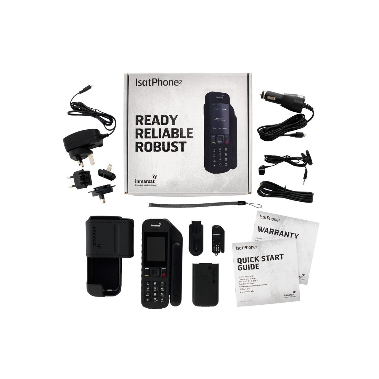 Inmarsat IsatPhone 2 kit contents including chargers and headset