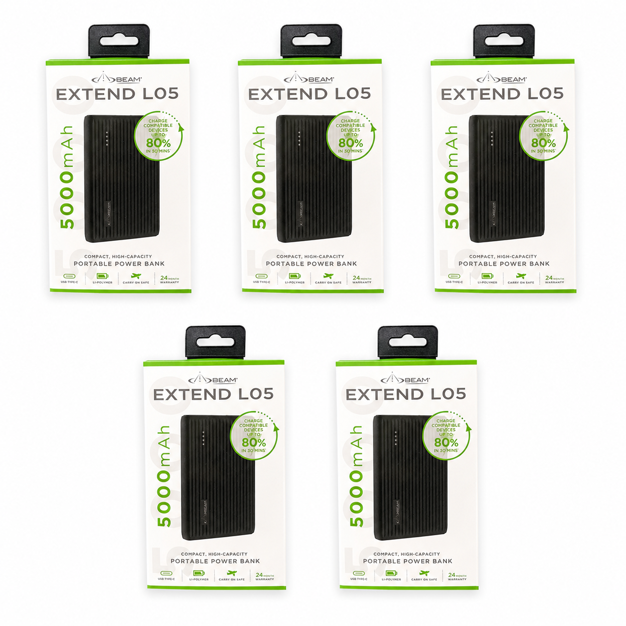 Beam EXTEND Portable Power Bank 5000mAh - 5 Pack